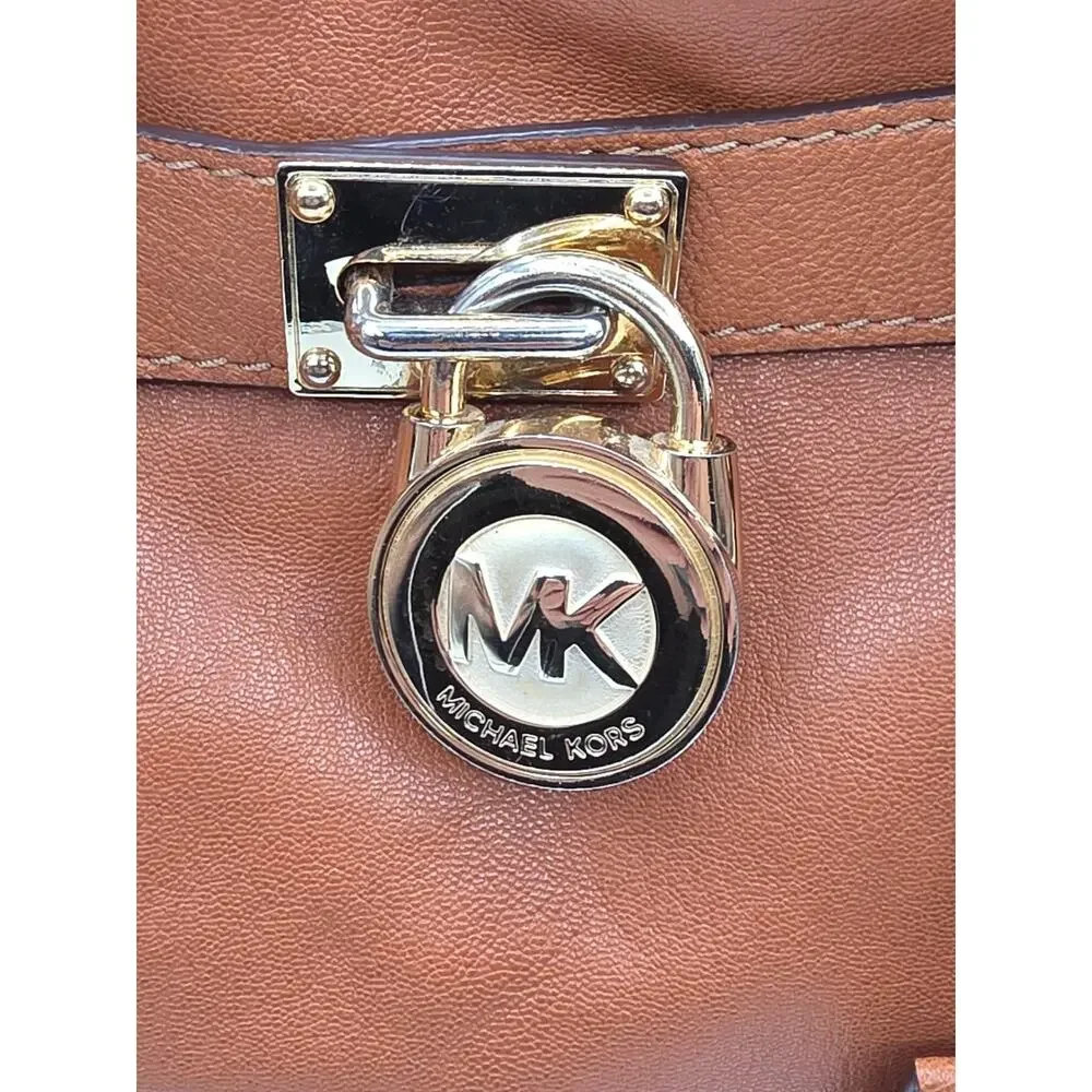 Michael Kors Hamilton Large Leather Tote Satchel Luggage Brown Gold Lock Key